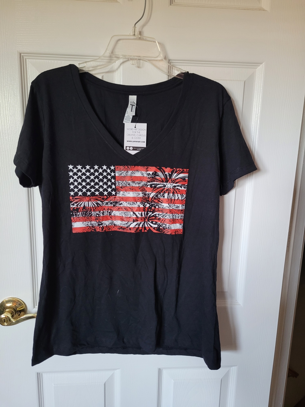 Women's Black V-Neck Tee with Red & White Flag Graphic